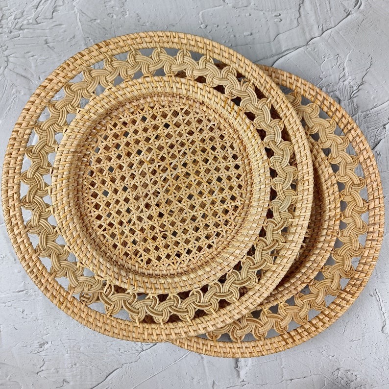 Set of three natural Gendis rattan charger plates handwoven in Indonesia